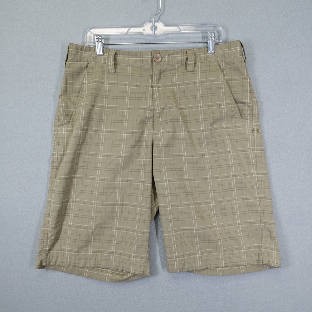 Under Armour Shorts Mens 34 Khaki Plaid Flat Front Golf Performance Activewear